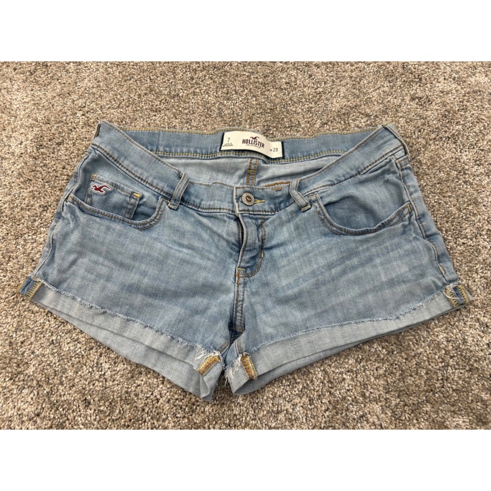 Hollister Denim Shorts Light Wash Cuffed Raw Hem Size 7 W28 Low Rise #0697